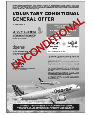 SIA's offer for Tigerair now unconditional